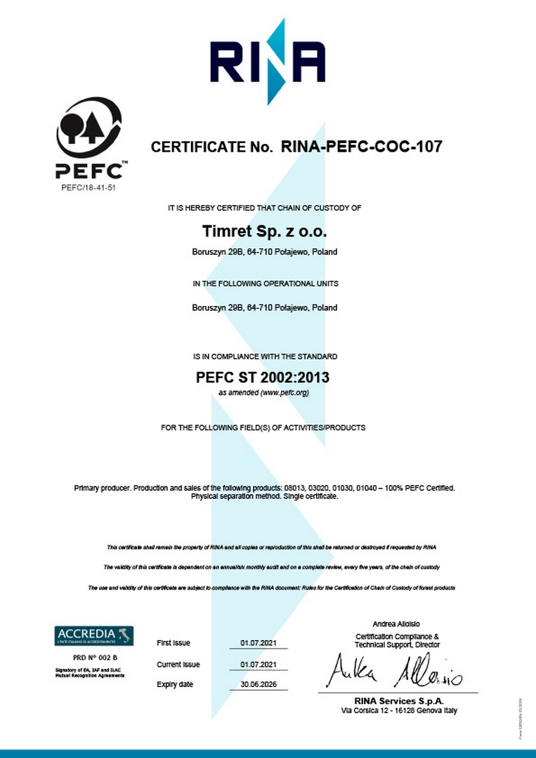 Timret Sp. z o.o. PEFC COC certificate 1Jul21